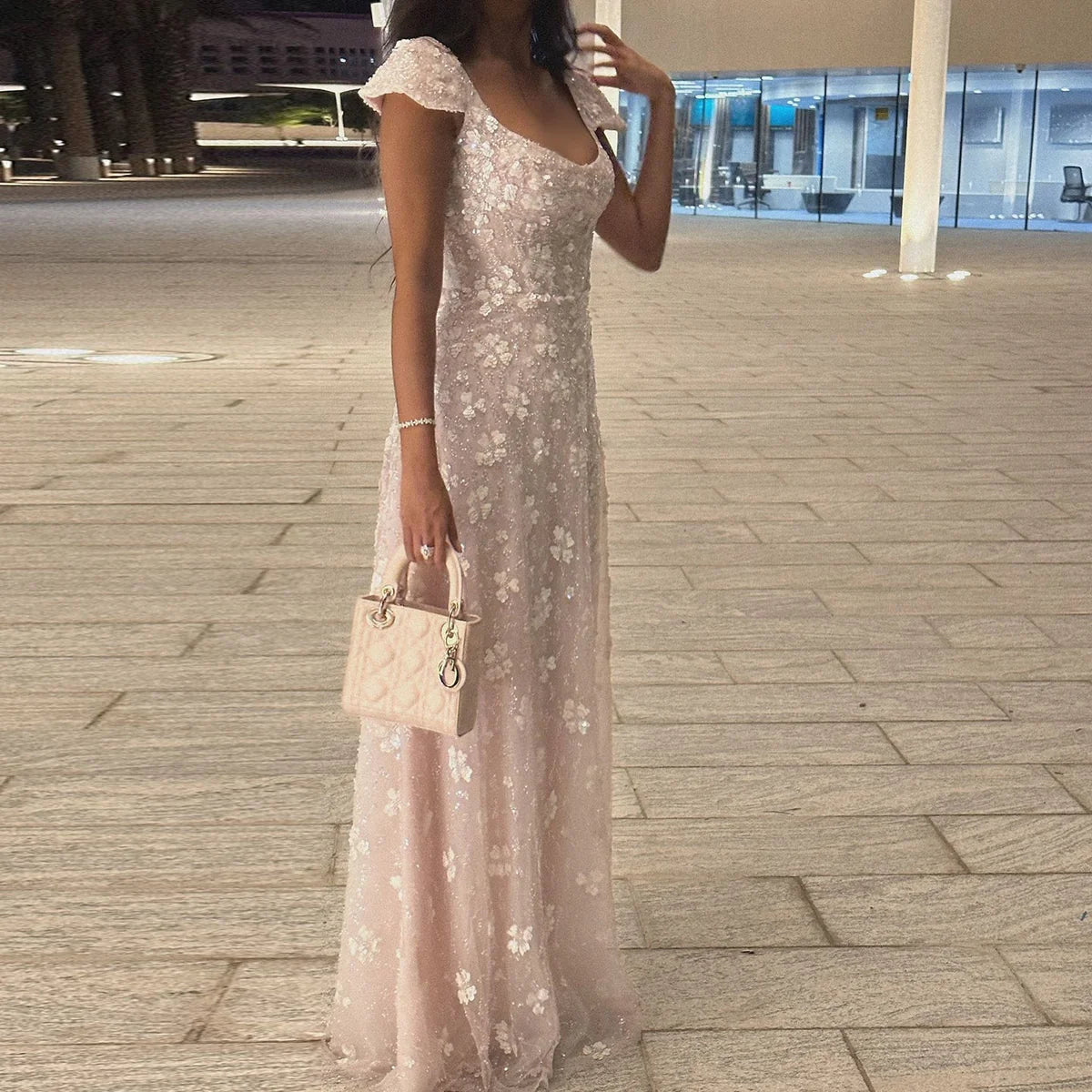 Blush Maxi Evening Dresses with Square Neck Cap Sleeves 3D Floral Beading Open Back and Trailing Tulle Skirt