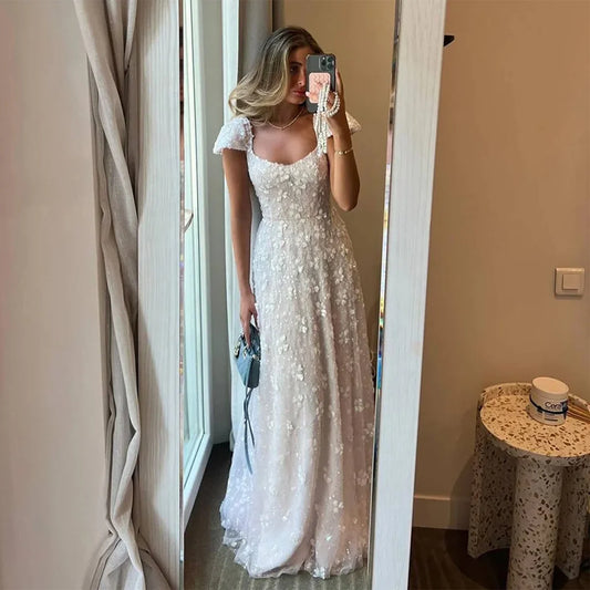 Blush Maxi Evening Dresses with Square Neck Cap Sleeves 3D Floral Beading Open Back and Trailing Tulle Skirt