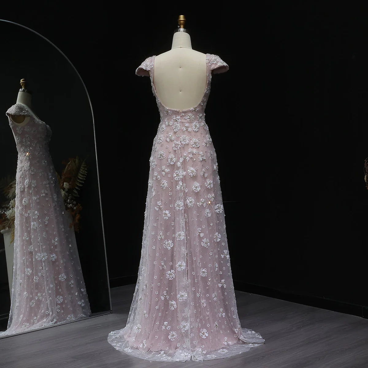 Blush Maxi Evening Dresses with Square Neck Cap Sleeves 3D Floral Beading Open Back and Trailing Tulle Skirt