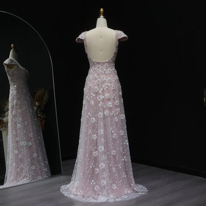 Blush Maxi Evening Dresses with Square Neck Cap Sleeves 3D Floral Beading Open Back and Trailing Tulle Skirt