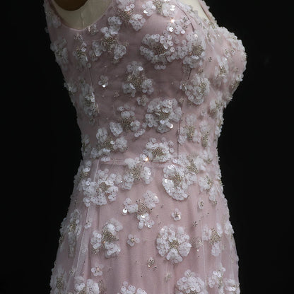 Blush Maxi Evening Dresses with Square Neck Cap Sleeves 3D Floral Beading Open Back and Trailing Tulle Skirt
