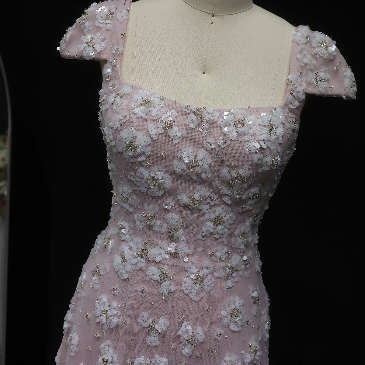 Blush Maxi Evening Dresses with Square Neck Cap Sleeves 3D Floral Beading Open Back and Trailing Tulle Skirt