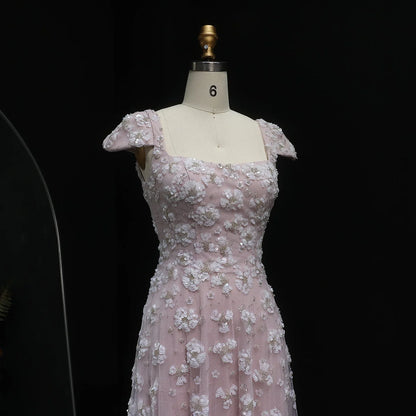 Blush Maxi Evening Dresses with Square Neck Cap Sleeves 3D Floral Beading Open Back and Trailing Tulle Skirt