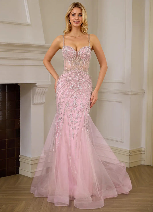 Blush Pink Beaded Sheer Corset Cutout Back Mermaid Prom Dresses