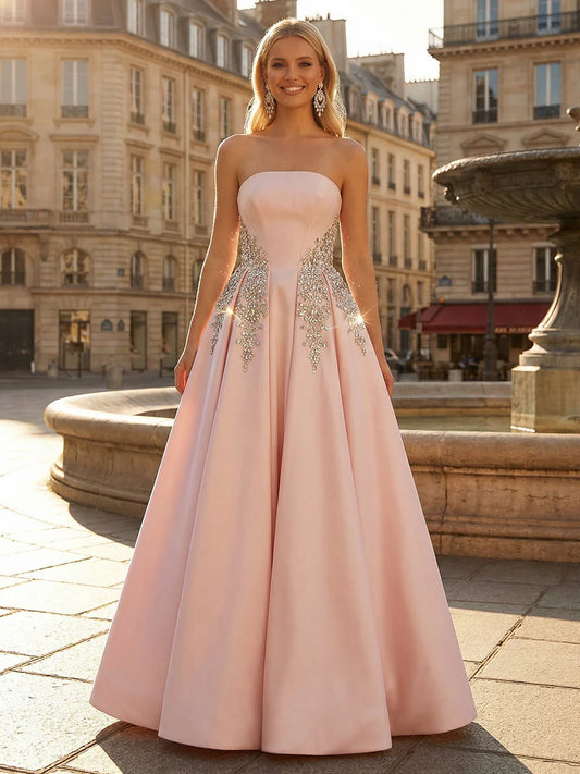 Blush Pink Beaded Strapless Satin A Line Prom Dresses