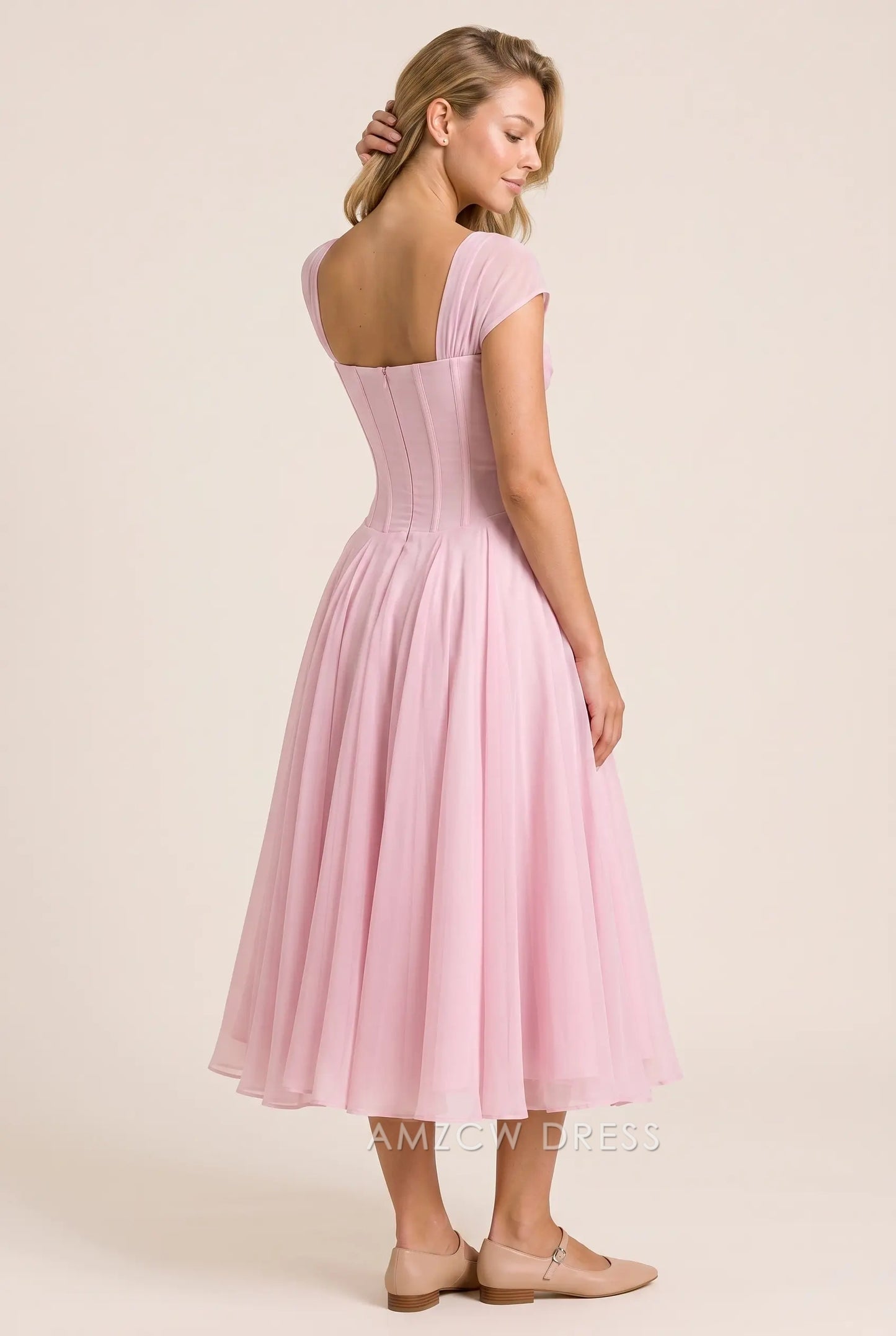 Blush Pink Chiffon A Line Square Neck Cap Sleeve Corset Open Back Midi Length Formal Evening Prom Dress