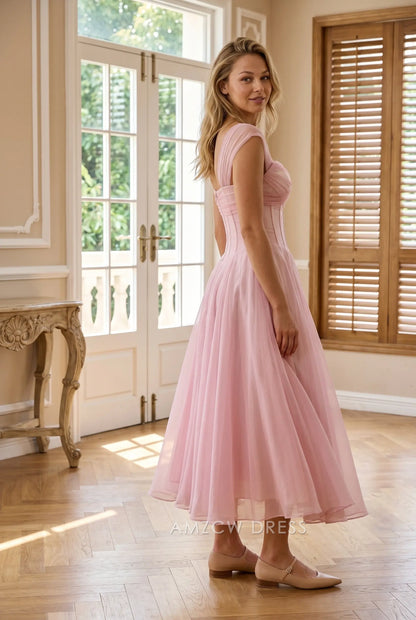 Blush Pink Chiffon A Line Square Neck Cap Sleeve Corset Open Back Midi Length Formal Evening Prom Dress