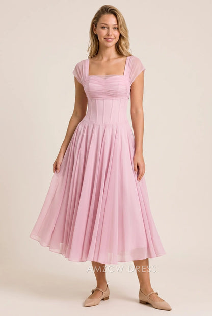 Blush Pink Chiffon A Line Square Neck Cap Sleeve Corset Open Back Midi Length Formal Evening Prom Dress