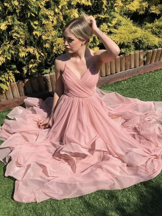 Blush Pink Chiffon A Line V Neck Spaghetti Strap Ruched Bodice Flowy Floor Length Formal Evening Prom Dress