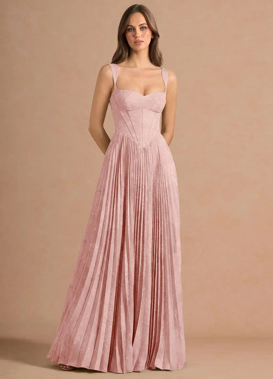 Blush Pink Corset Pleated Prom Dress with Floral Embroidery and Lace Up Back for Formal Events and Evening Occasions