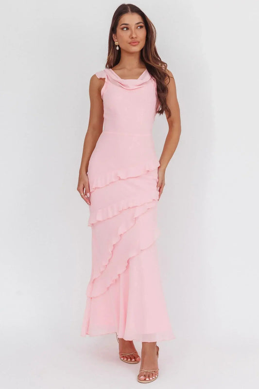 Blush Pink Cowl Neck Ruffle Trim Tiered Chiffon Maxi Formal Evening Prom Dress