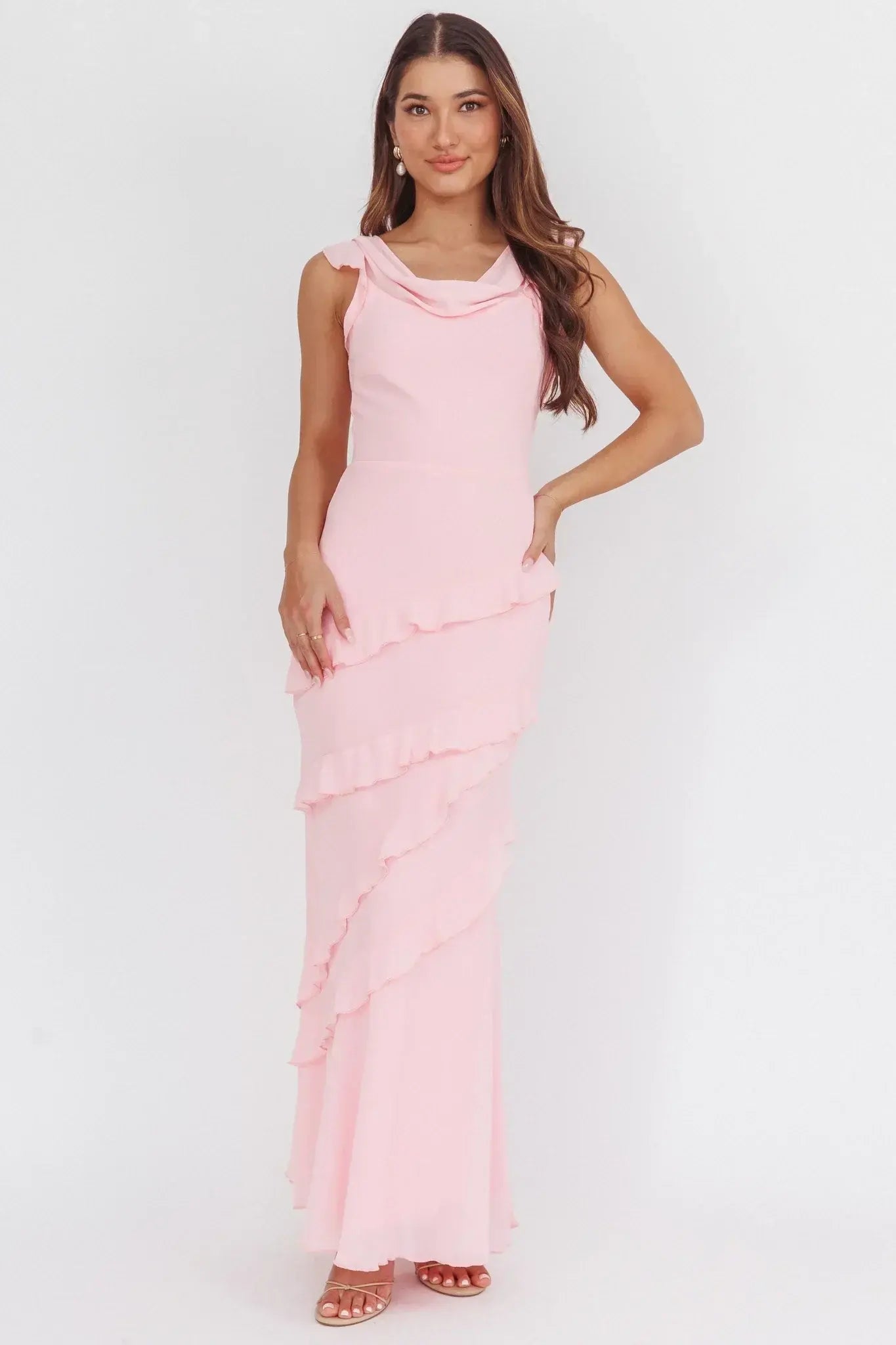 Blush Pink Cowl Neck Ruffle Trim Tiered Chiffon Maxi Formal Evening Prom Dress