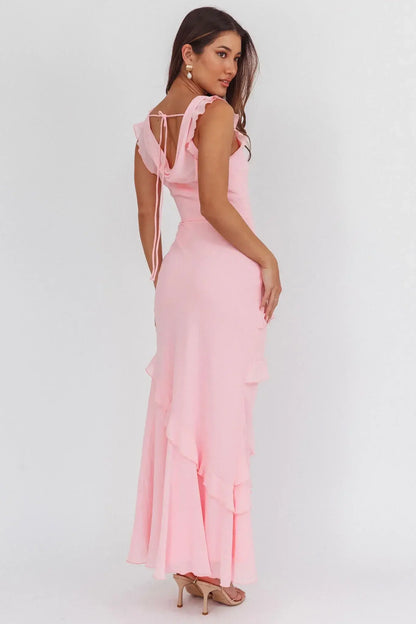 Blush Pink Cowl Neck Ruffle Trim Tiered Chiffon Maxi Formal Evening Prom Dress