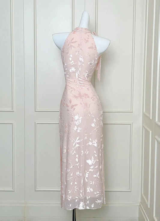 Blush Pink Floral Burnout Halter Neck Tie Detail Midi Prom Dress