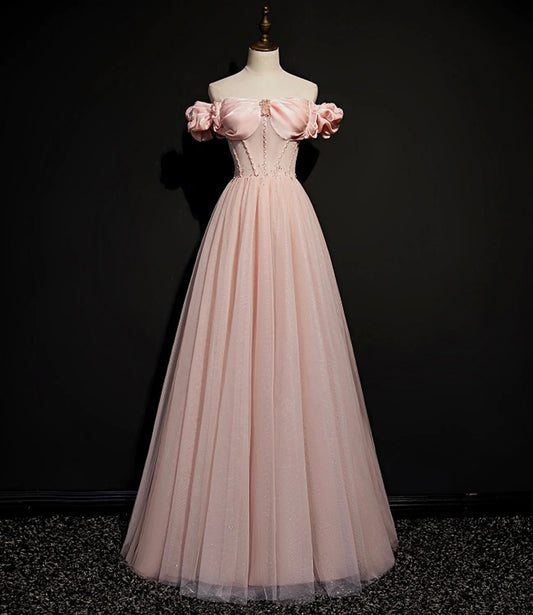 Blush Pink Glitter Tulle Ball Gown Off The Shoulder Sweetheart Neck Puff Sleeve Corset Back Floor Length Formal Evening Prom Dress