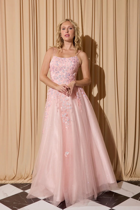 Blush Pink Glitter Tulle Floral Embellished Spaghetti Strap A-line Maxi Prom Dress