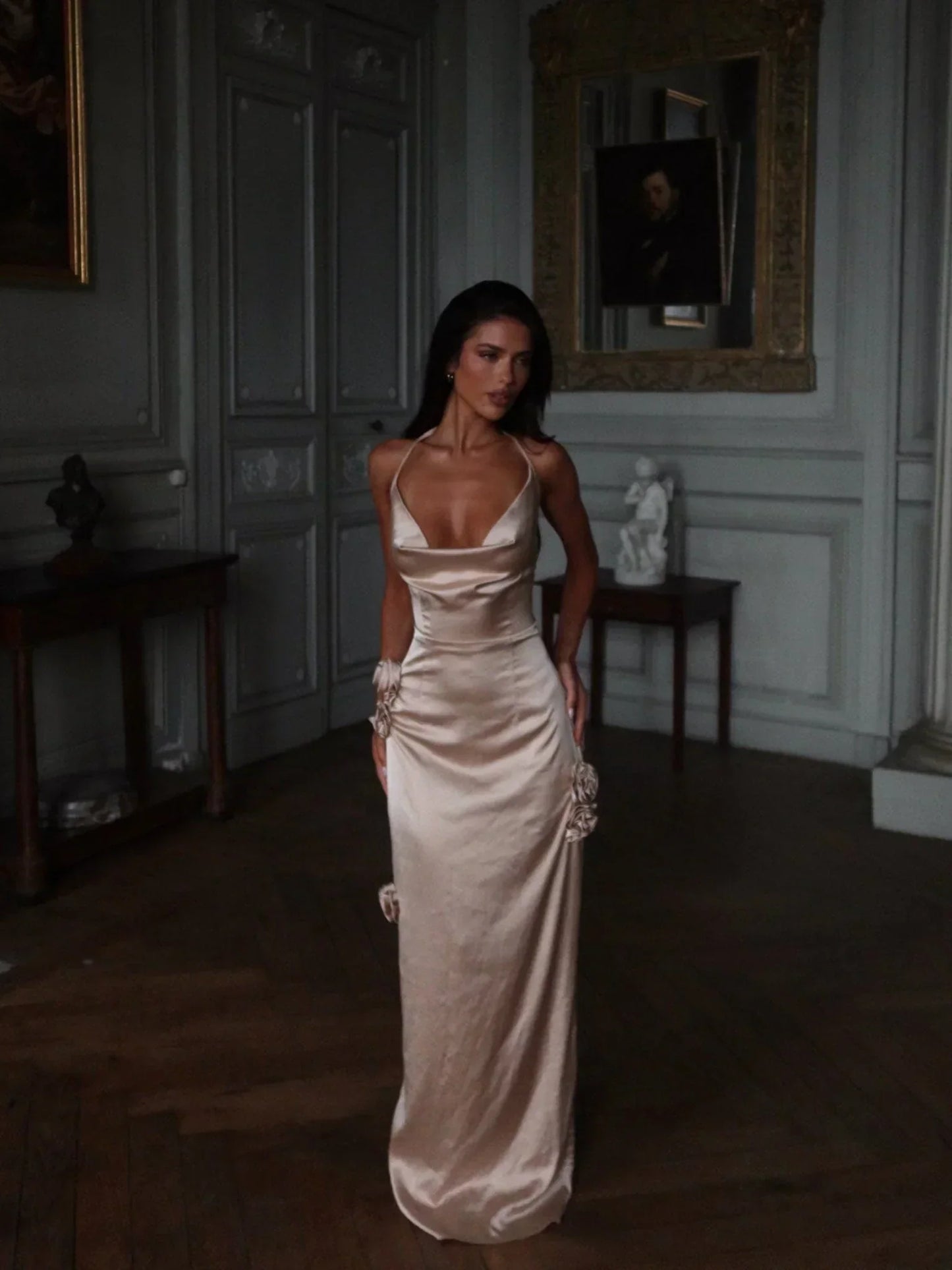 Blush Pink Halter Cowl Neck Satin Gown With 3D Floral Appliqué Formal Evening Prom Dress