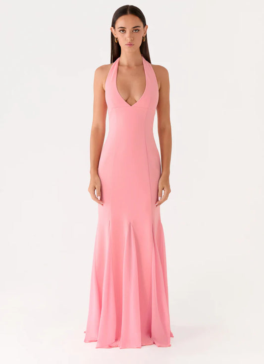 Blush Pink Halter Neck V-neck Tie-Back Mermaid Maxi Prom Dress Formal Evening Gown