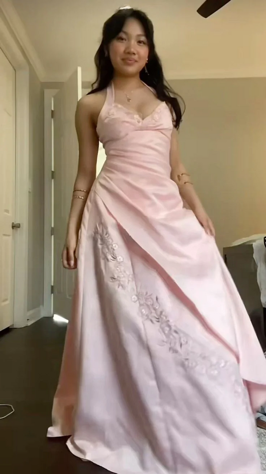 Blush Pink Halter Prom Dress With Floral Embroidery And Open Back Satin Ball Gown Formal Prom Dress