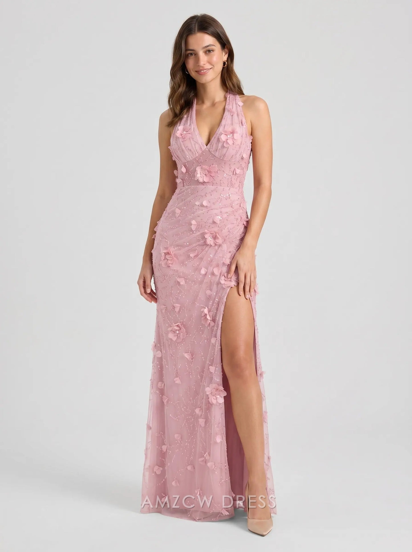 Blush Pink Halter V-Neck 3D Floral Appliqué Sequin High Low Slit Mermaid Formal Evening Prom Dress