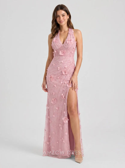 Blush Pink Halter V-Neck 3D Floral Appliqué Sequin High Low Slit Mermaid Formal Evening Prom Dress