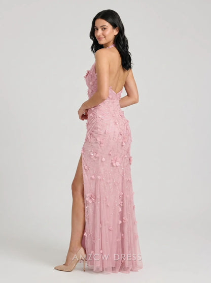 Blush Pink Halter V-Neck 3D Floral Appliqué Sequin High Low Slit Mermaid Formal Evening Prom Dress