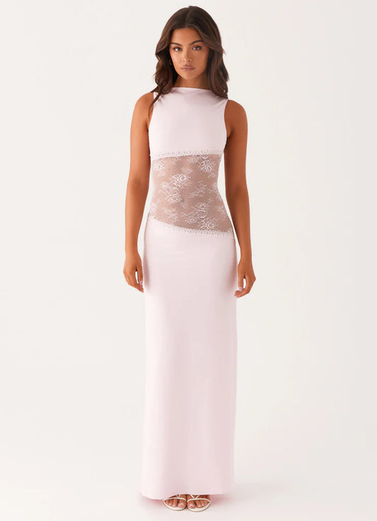 Blush Pink Lace Insert Sleeveless Backless Maxi Prom Dress Formal Evening Gown