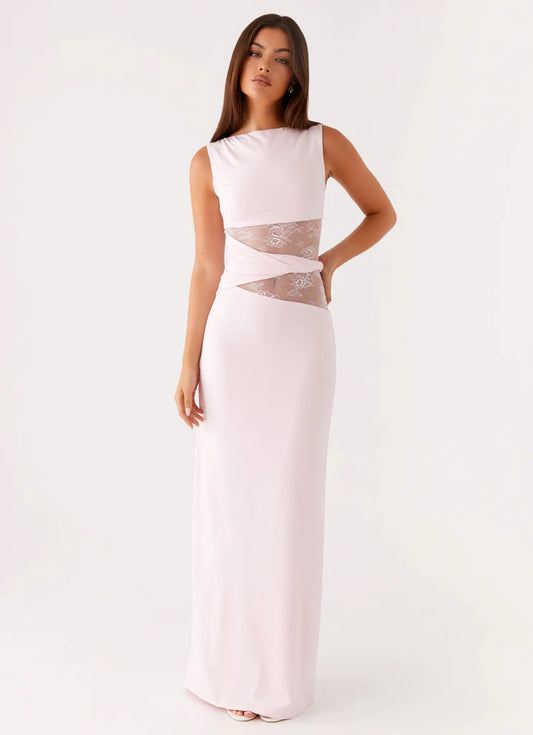 Blush Pink Lace Insert Twisted Waist Sleeveless Backless Maxi Prom Dress Formal Evening Gown