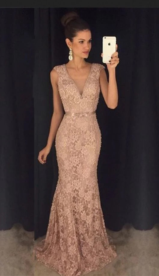 Blush Pink Lace Mermaid V Neck Cap Sleeve Satin Waistband Floor Length Formal Evening Prom Dress