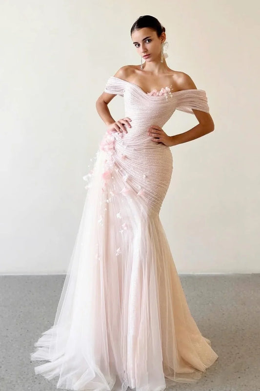 Blush Pink Off-the-Shoulder 3D Floral Embellished Mermaid Tulle Prom Dress
