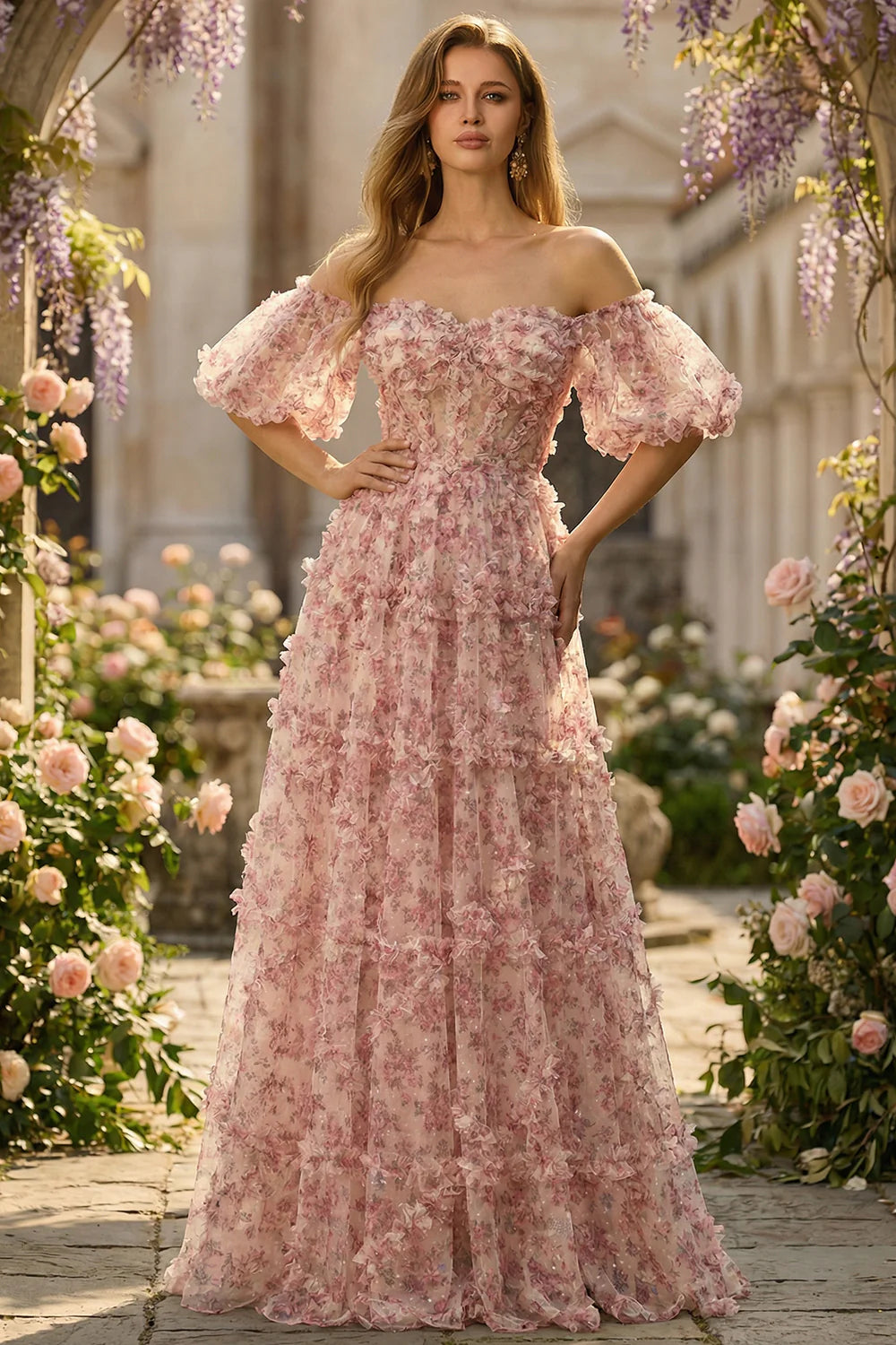 Blush Pink Off-the-Shoulder 3D Floral Ruffle A-Line Prom Dress with Bow Back