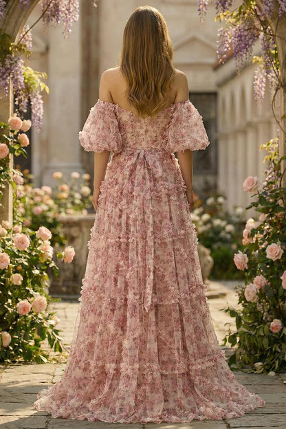 Blush Pink Off-the-Shoulder 3D Floral Ruffle A-Line Prom Dress with Bow Back