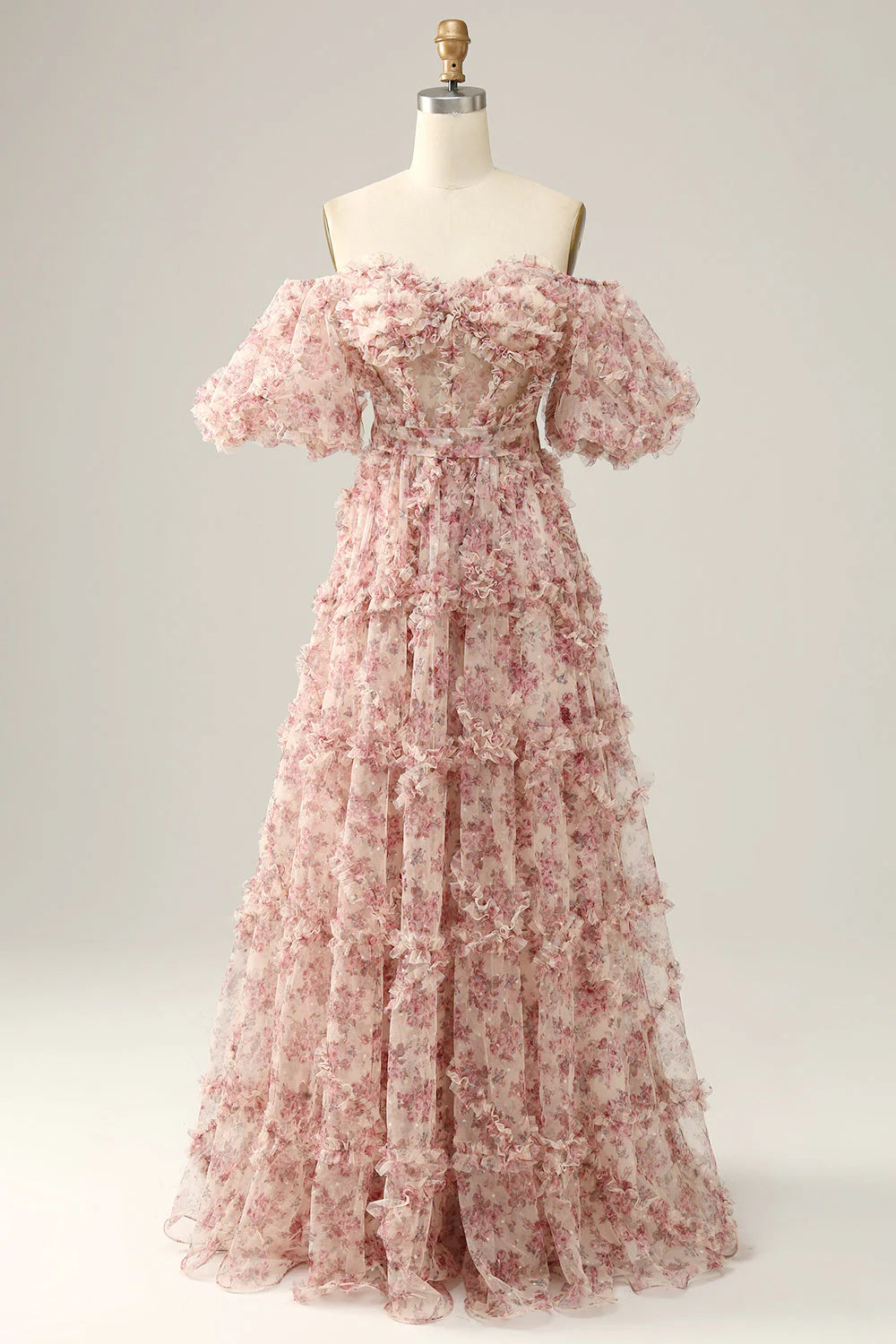 Blush Pink Off-the-Shoulder 3D Floral Ruffle A-Line Prom Dress with Bow Back