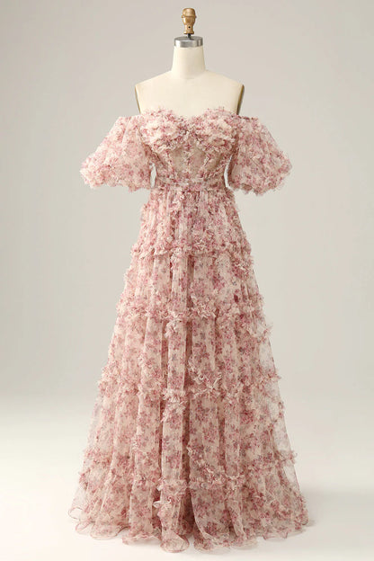Blush Pink Off-the-Shoulder 3D Floral Ruffle A-Line Prom Dress with Bow Back