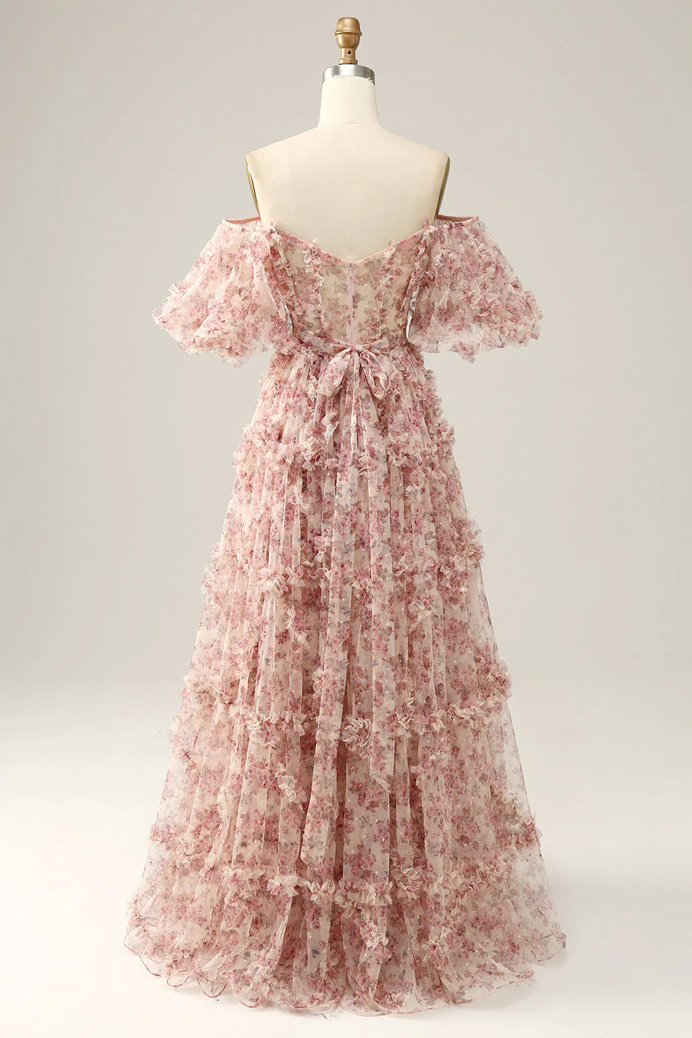 Blush Pink Off-the-Shoulder 3D Floral Ruffle A-Line Prom Dress with Bow Back