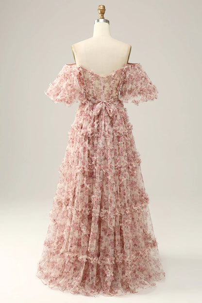 Blush Pink Off-the-Shoulder 3D Floral Ruffle A-Line Prom Dress with Bow Back