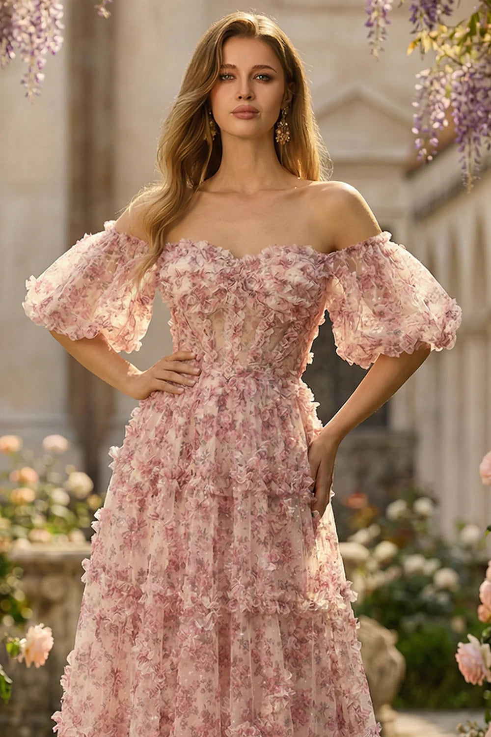 Blush Pink Off-the-Shoulder 3D Floral Ruffle A-Line Prom Dress with Bow Back