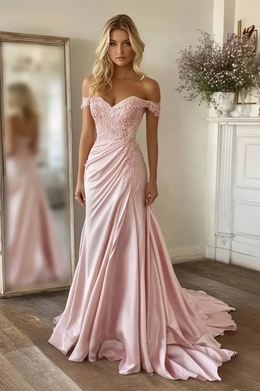 Blush Pink Off The Shoulder Prom Dress With Lace Bodice And Satin Mermaid Silhouette For Formal Evening Party