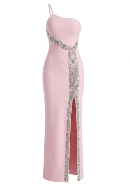 Blush Pink One Shoulder Rhinestone Trim Slit Mermaid Long Formal Evening Prom Dress