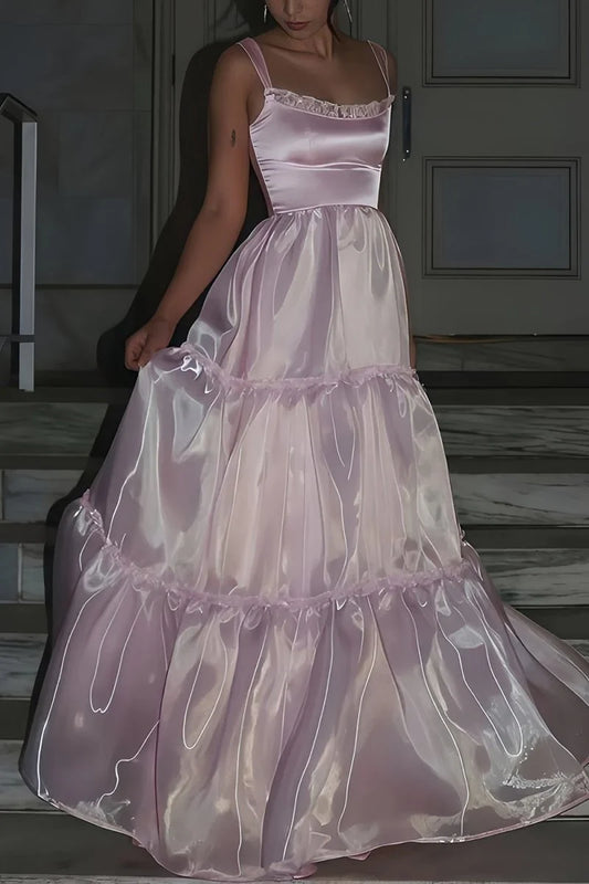Blush Pink Organza Maxi Prom Dresses with Square Neck Satin Bodice Tiered Ruffle Skirt Lace Up Back for Prom and Garden Party