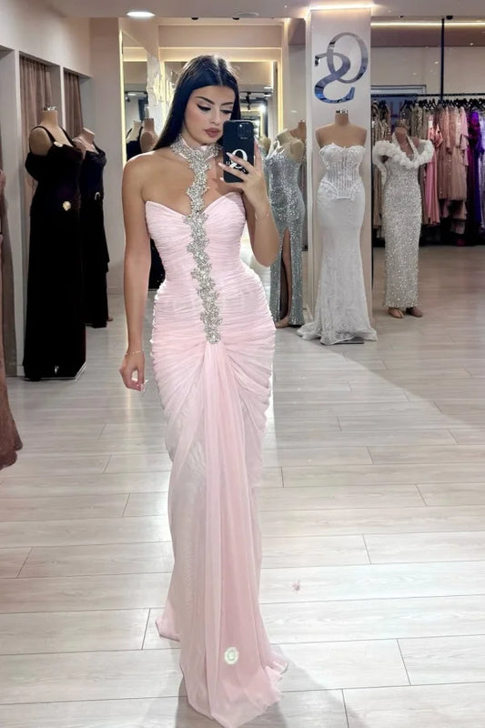 Blush Pink Ruched Chiffon Crystal Embellished High Neck Mermaid Prom Dress