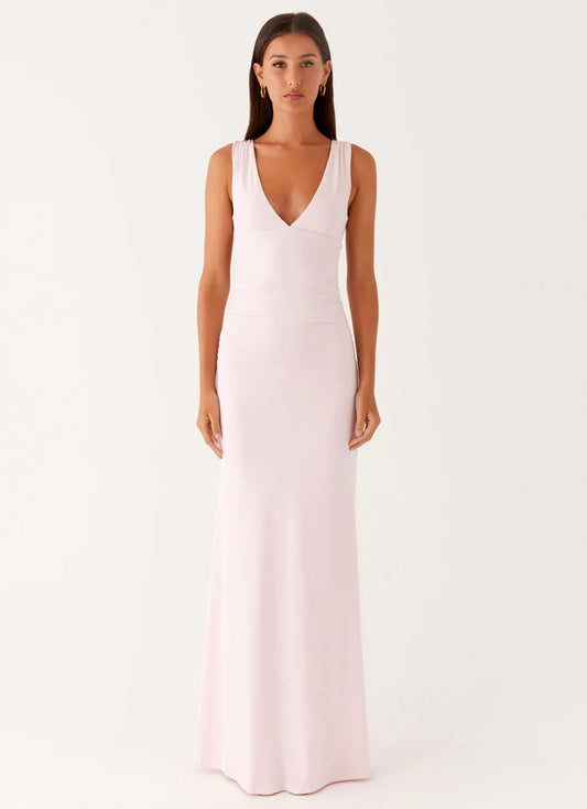 Blush Pink Ruched Open Back Prom Dress Deep V Neck Maxi Gown with Cutout