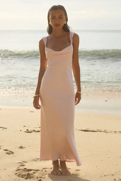 Blush Pink Satin Cowl Neck Wide Strap Midi Formal Evening Prom Dress