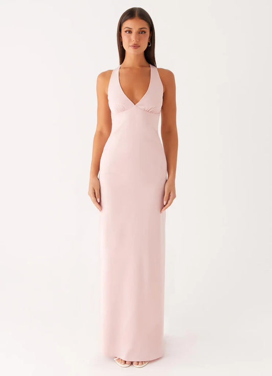 Blush Pink Satin Halter Neck Prom Dress Cross Back Maxi Gown with Ruched Bust