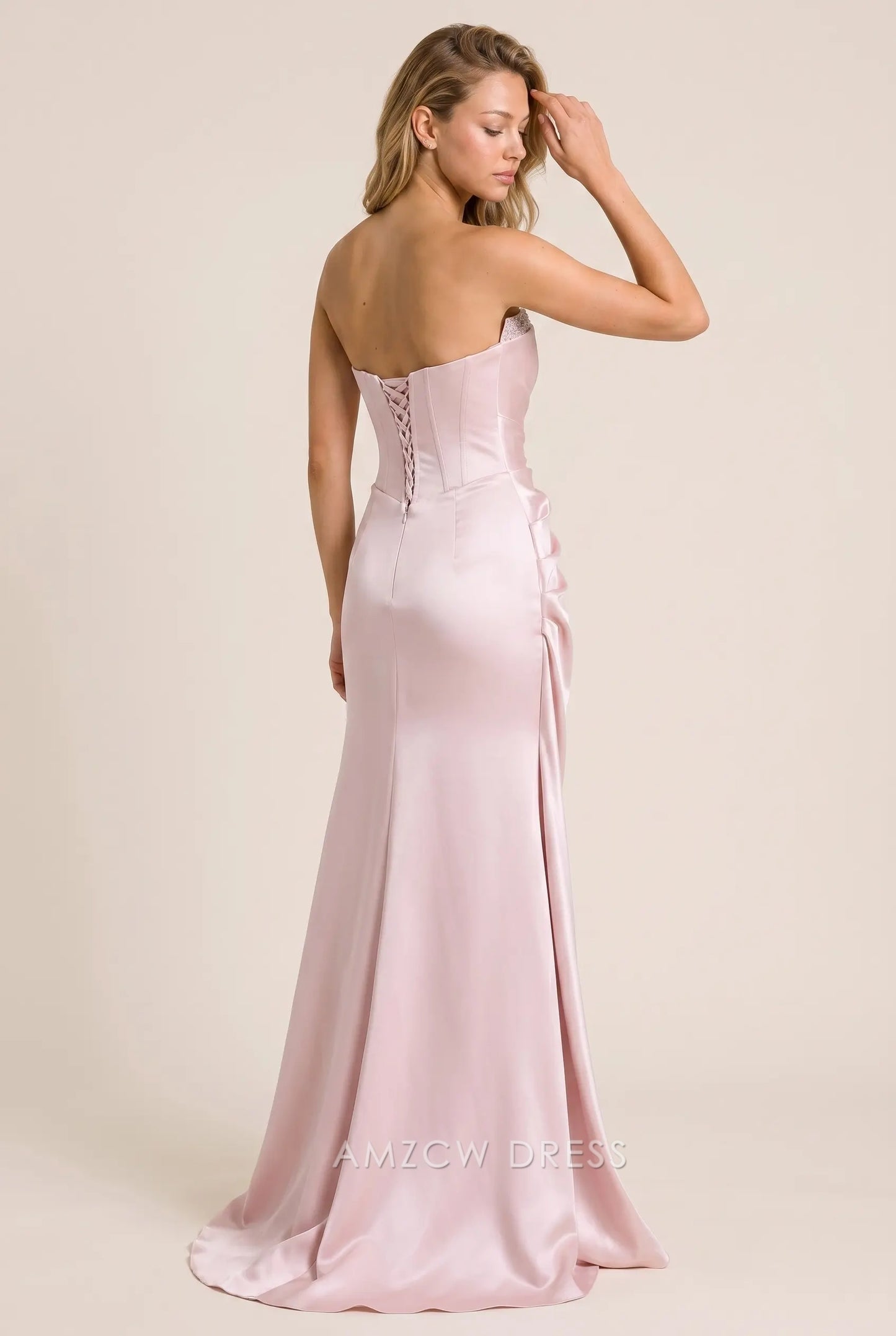 Blush Pink Satin Mermaid Strapless Beaded Trim Lace Up Back Draped Detail Floor Length Formal Evening Prom Dress