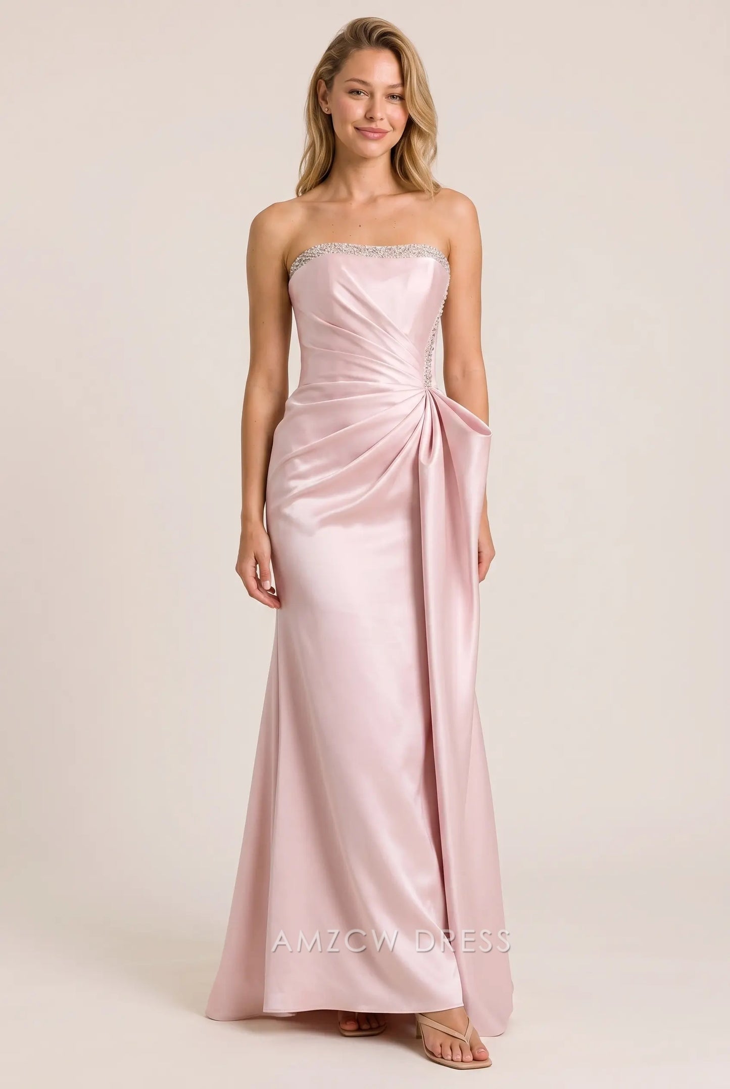 Blush Pink Satin Mermaid Strapless Beaded Trim Lace Up Back Draped Detail Floor Length Formal Evening Prom Dress