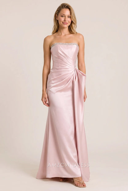 Blush Pink Satin Mermaid Strapless Beaded Trim Lace Up Back Draped Detail Floor Length Formal Evening Prom Dress