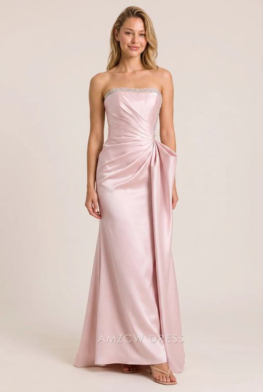 Blush Pink Satin Mermaid Strapless Beaded Trim Lace Up Back Draped Detail Floor Length Formal Evening Prom Dress