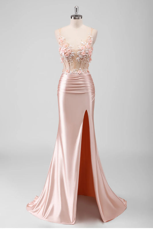 Blush Pink Satin Sheer 3D Floral Beaded Lace Mermaid Prom Dress with Slit and Train