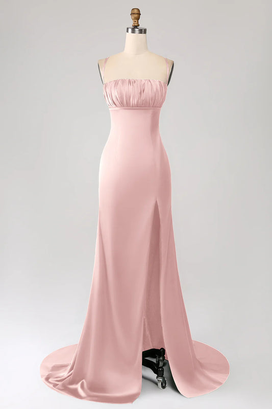 Blush Pink Satin Spaghetti Strap Square Neck Mermaid Prom Dress with High Slit
